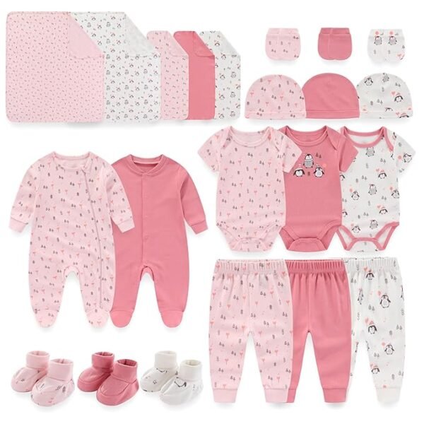 JELYLOVE Unisex Baby Boy Girl Layette Sets 22 Packs New Born Boy Girl Clothes Infant Essentials, Pink, 3 Months